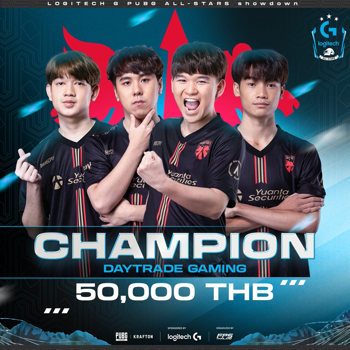 FPSThailand's tweet photo. 🟦 ยินดีกับทีม Daytrade Gaming🏆คว้าแชมป์ 🔥𝐋𝐨𝐠𝐢𝐭𝐞𝐜𝐡 𝐆 𝐏𝐔𝐁𝐆 𝐀𝐥𝐥 𝐒𝐭𝐚𝐫𝐬 𝐒𝐡𝐨𝐰𝐝𝐨𝐰𝐧 ทัวร์นาเม้นต์ PUBG จาก 𝐋𝐨𝐠𝐢𝐭𝐞𝐜𝐡 𝐆 ครั้งที่ 3 ของปี🔥 พร้อมเงินรางวัล 50,000 บาท
#PUBG #LogitechG #FPSThailand #LogitechGPUBG https://t.co/9IpSb6skeR