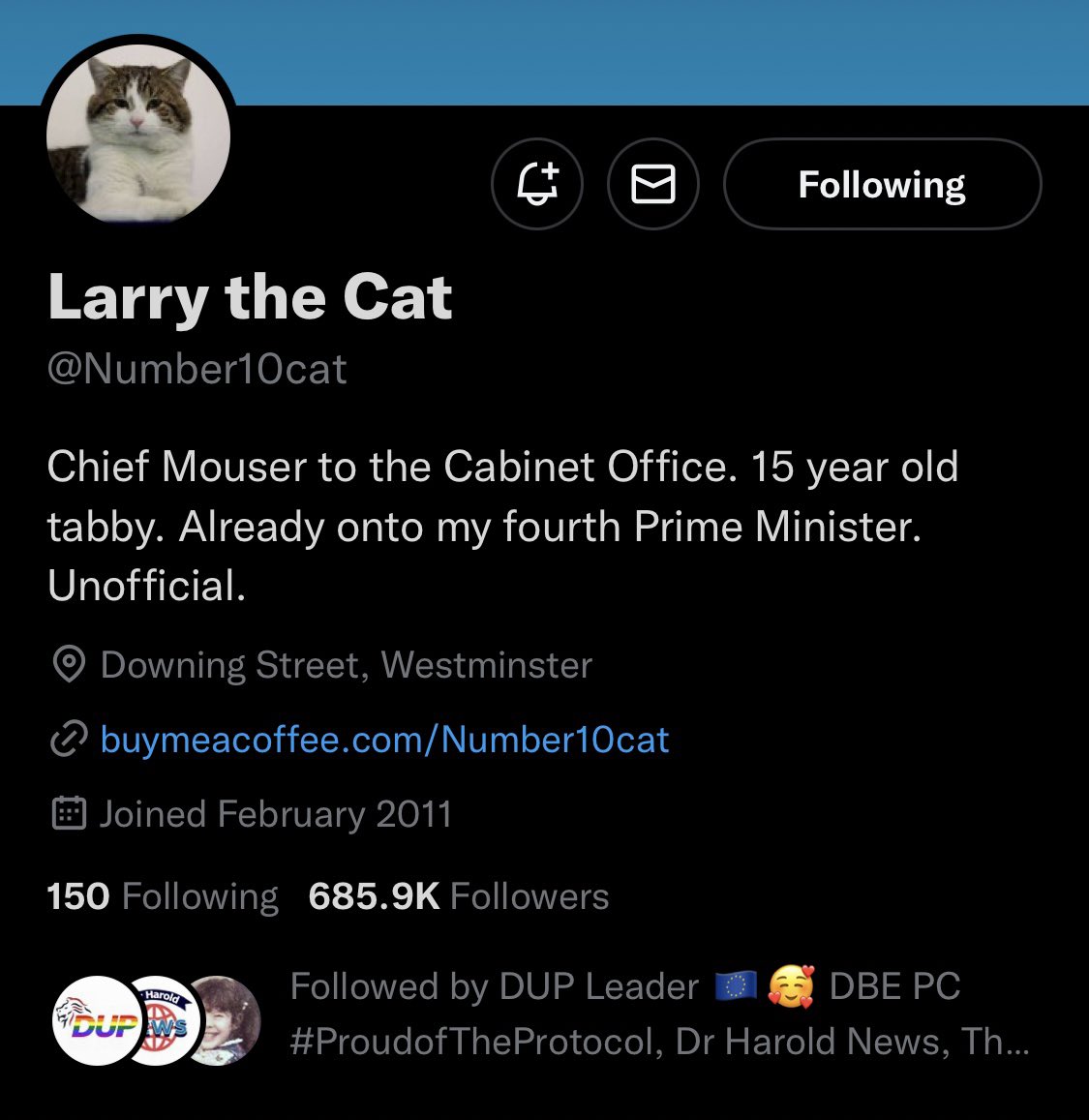 OxfordDiplomat's tweet photo. The Prime Minister’s residence Cat (@Number10cat) has more Twitter followers than the Prime Minister herself (@trussliz). What a time be alive. https://t.co/PFFEHWZQTL