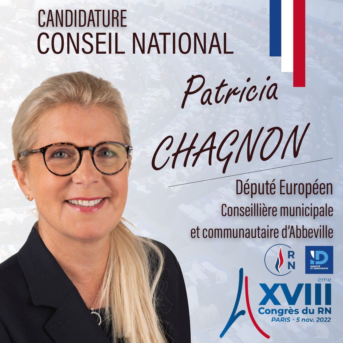 ChagnonPatricia's tweet photo. ✅ Alors que notre mouvement vient de fêter ses 50 ans, je suis fière d’annoncer ma candidature au Conseil National du #RN
✅ Arrivés aux portes du pouvoir, c’est ensemble nous que nous porterons Marine à la Présidence !
Je compte sur vos suffrages
🇫🇷 #OnContinue #ColloqueRN https://t.co/bzc3E4RT5I
