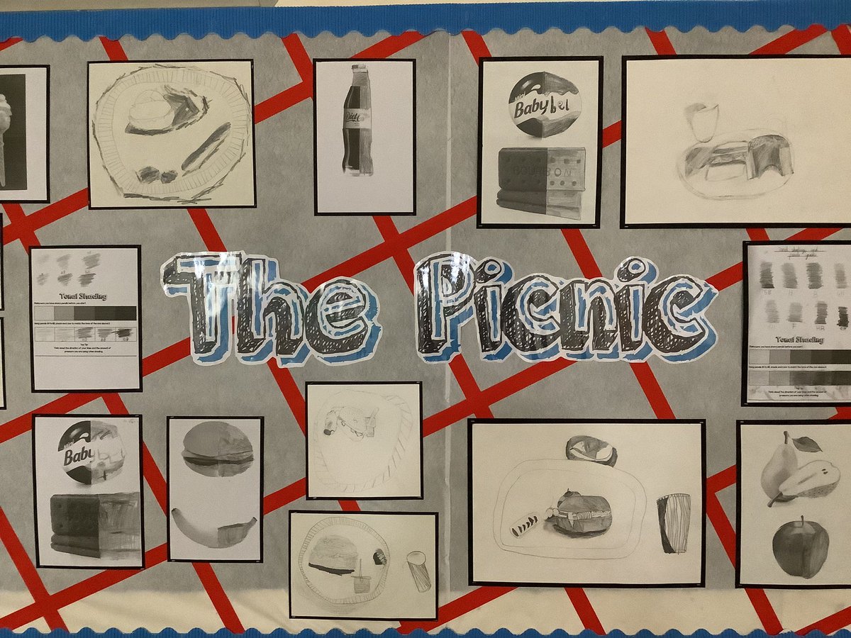 Our whole school project this year was ‘The Picnic’

Children in KS1 &amp; 2 were developing their drawing skills and studying an artist who created art from real life. 

Here are some of our fantastic displays 🥐🍐🍏🍩