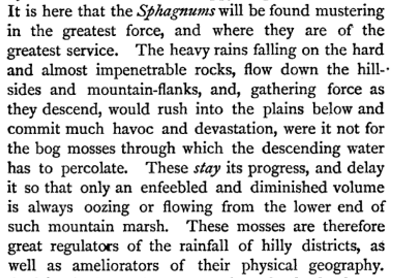I swear most of what we do is just quantifying what some Victorian already pointed out... Discussion of Sphagnum as natural flood management in Mountain and Moor by J.E. Taylor, 1879
