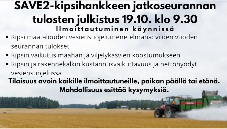 Muistutus <a href="/savekipsihanke/">SAVE-kipsihanke</a>'en yli viiden vuoden seurannan tulosten julkistustilaisuudesta: Lunastiko #kipsi lupauksensa? Mahdollisuus kysyä kipsistä ja osallistua myös etänä. Ilmoittautuminen viim. 14.10👉elomake.helsinki.fi/lomakkeet/1198… Lisätietoja: blogs.helsinki.fi/save-kipsihank… <a href="/SYKEinfo/">Suomen ympäristökeskus</a>