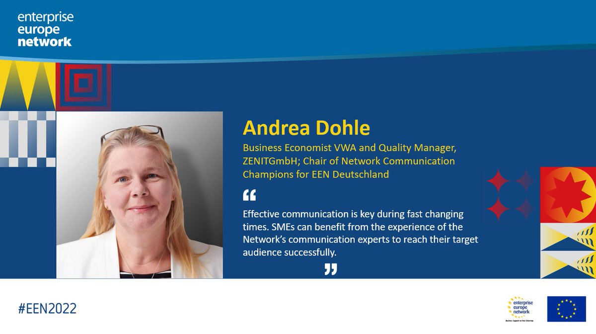 EEN_EU's tweet photo. 📢Meet the #EEN2022 session organisers!

How can we use social media, podcasts, success stories and ambassadors to reach #SMEs ?🎯🏆

@AndreaDohle, communication expert from @EEN_Deutschland, will be joined by 5 panelists to explore these topics and more! 🗣️

#EENCanHelp https://t.co/k8hhgAmDhL