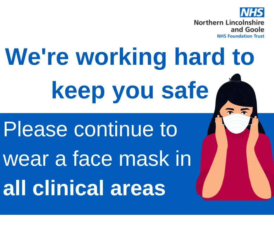 NHSNLaG's tweet photo. Due to an increase in the number of COVID-19 cases in our region we are re-introducing face mask wearing in all clinical areas: that includes wards, outpatients, emergency departments and areas where you go for a scan/diagnostic test. Masks are available at main entrances https://t.co/gft6zqcP30
