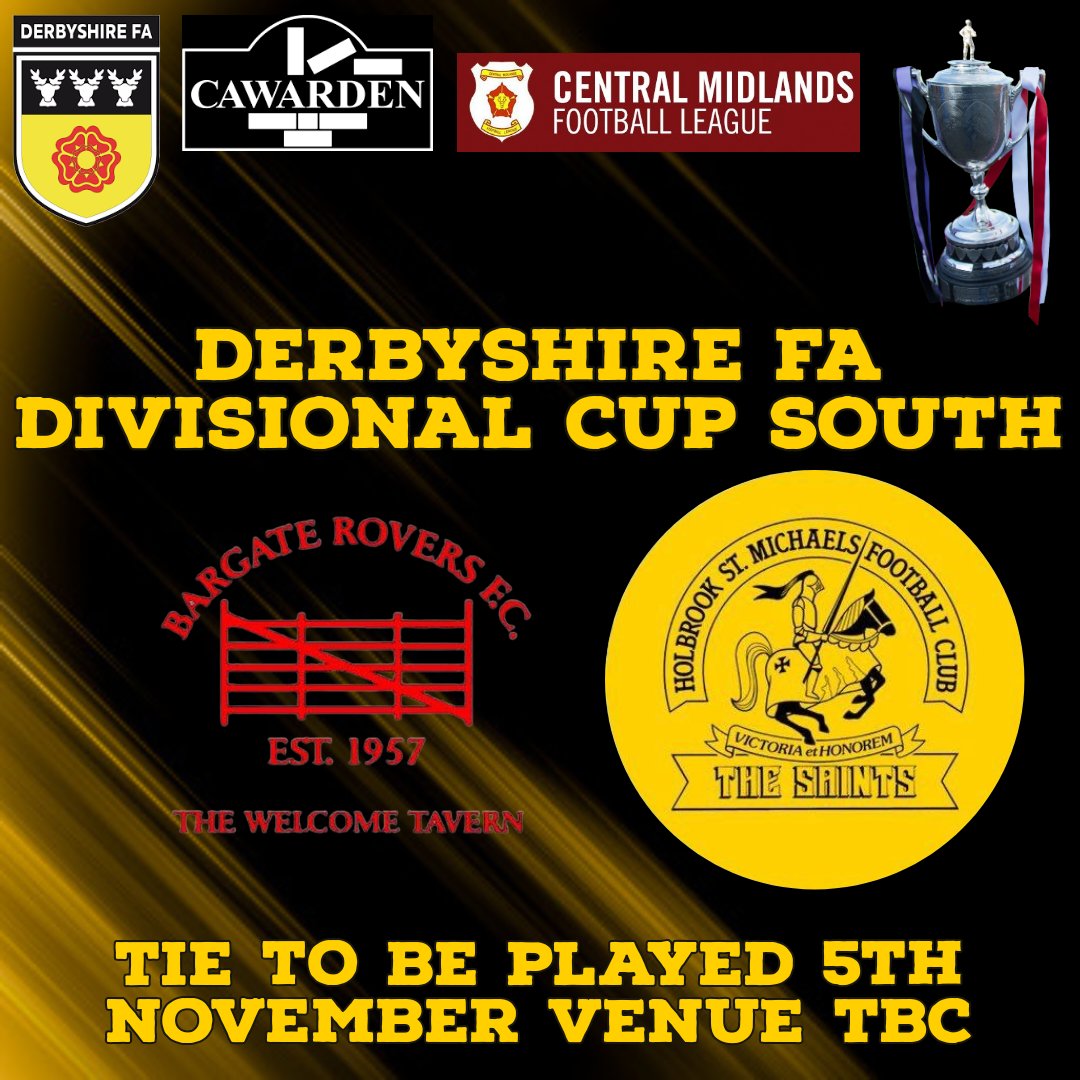 ⚫️🟡⚽️CUP ANNOUNCEMENT!!!⚽️🟡⚫️

⚫️🟡The Second Round draw for the Cawarden Divisional Cup South has been made and First Team have been drawn against <a href="/BargateRoversFC/">Bargate Rovers FC</a> from the Midlands Regional Alliance in a mouth watering tie.⚫️🟡

⚫️🟡#UpTheSaints🟡⚫️