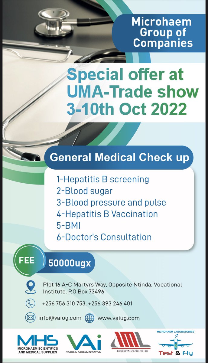testandfly's tweet image. Visit our booth at UMA Trade show and   have a general medical check up at only 50,000 UGX. Our booth is next to Thembo steels and Total Energy.

For any inquiries call us on 0313306900 or WhatsApp 0759752610

#TestAndFly #UgTradeFair22 #Health #healthylifestyle