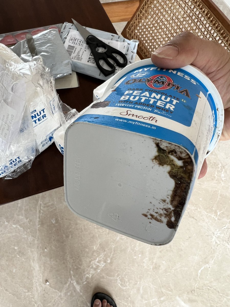 rohraman's tweet photo. @myfitness_IN I just received delivery of my order No. 309188. Both the packages were smelling of urine. One package had fungus and peanut butter leaking. This is unacceptable and a serious health hazard. I’d like a full refund. https://t.co/oho1t3W24r