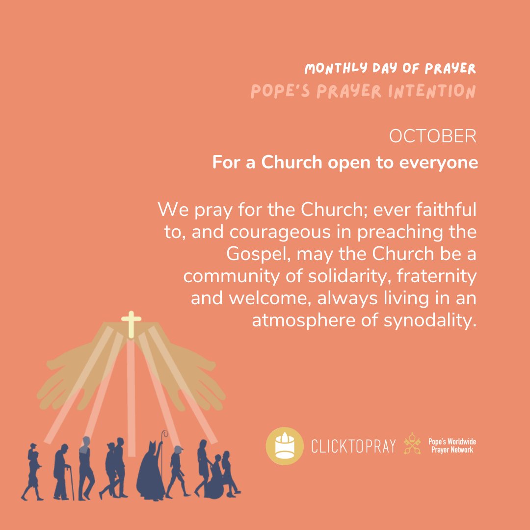 Monthly Day of Prayer for the intentions of the Pope. 🙏🇻🇦
Let’s pray together at the Pope's Worldwide Prayer Network, opening our lives to Christ's mission of compassion for the world.

clicktopray.org
#ClickToPray #LetUsWalkTogether  #PopesPrayerIntentions