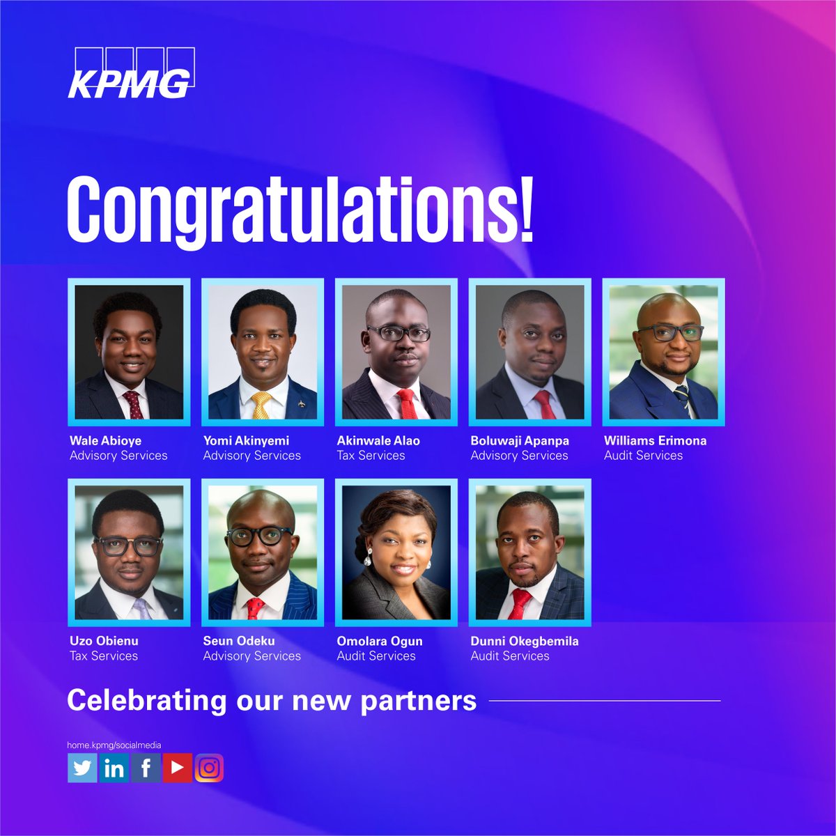 benjaminoyom's tweet image. Congratulations to our new partners! Please join us in congratulating Wale Abioye, Yomi Akinyemi, MBA, FCCA, Akinwale Alao, Boluwaji Apanpa, Williams Erimona, Uzo Obienu, Oluwaseun Odeku, Omolara Ogun, FCA and Dunni Okegbemila. #KPMGNIgeria #Partners