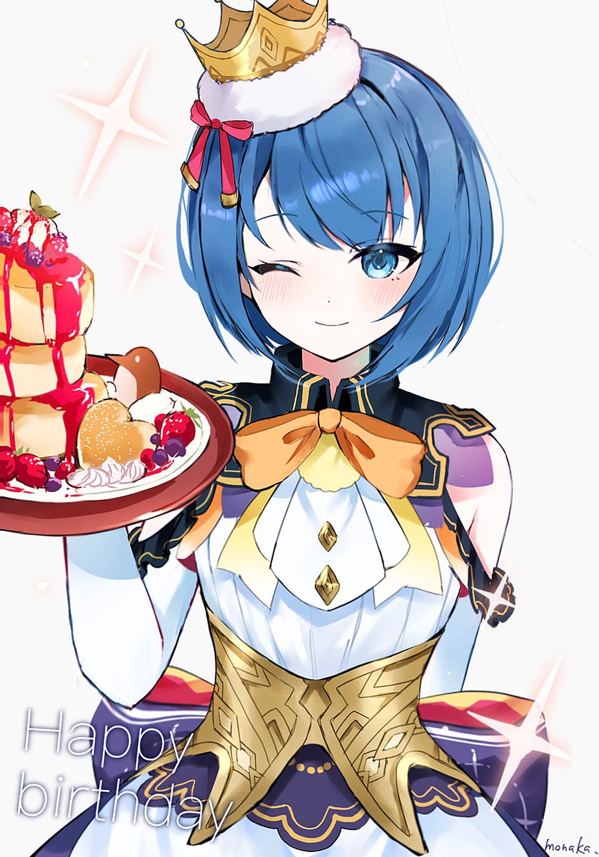 1girl blue hair food one eye closed blue eyes solo pancake  illustration images