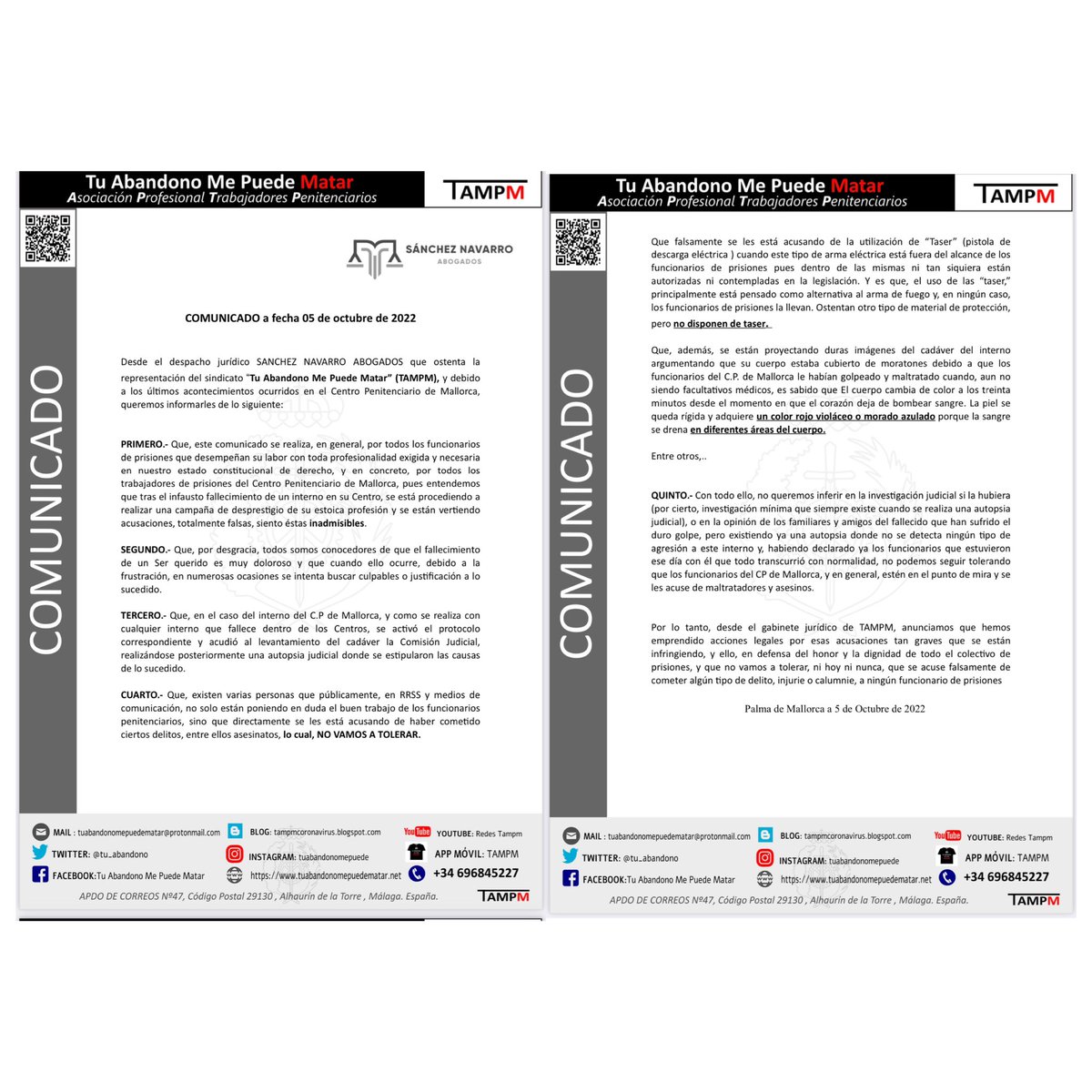 Tampm_Mallorca's tweet photo. ⚖️ #Querella | Este Sindicato NO VA A TOLERAR que se Injurie y Calumnie a Los trabajadores del C.P de Mallorca

👉🏼 Asumimos la Defensa del Colectivo, que debería hacer @IIPPGob Y NO HACE, ante las falsedades vertidas públicamente por los Familiares de un Interno Fallecido

#TAMPM https://t.co/jOiMo1R8Ml