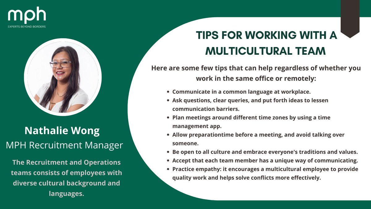 mph_global's tweet photo. #MPHTeam

Ms. Nathalie WONG, the MPH Recruitment Manager, shares her tips and pieces of advice on how to work effectively in a multicultural team.

#MPHMauritius #MPHOffices #Mauritius #UAE #France #Malaysia #Singapore #Qatar #KSA #India #repost https://t.co/rHNZtVbQL9