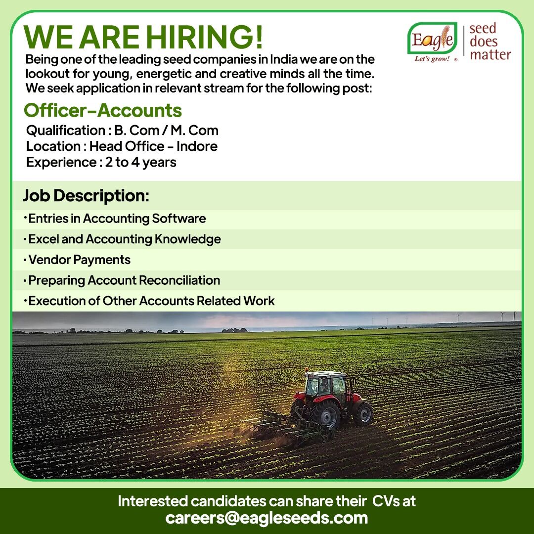 EagleSeeds's tweet photo. #hiringnow 

Eagle Seeds is looking Candidate For Officer- Accounts:

Interested Candidate Can share their CVs at careers@eageseeds.com

#hiring #vacancy #job #working #occupation #officerjob #acconts #findjob #eagleseeds #seeds #agriculturedepartment https://t.co/hYsiw3ESwx