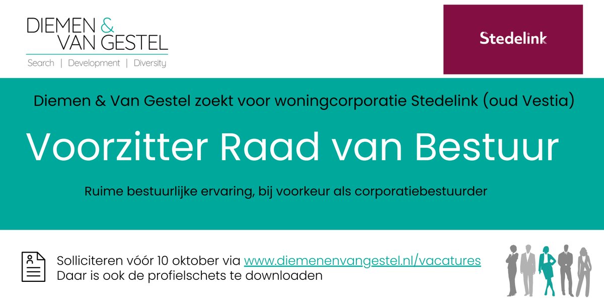 Diemenvangestel's tweet photo. #vacature #voorzitter #bestuur #woningcorporatie #corporatiebestuurder Wij zijn op zoek naar: VOORZITTER RAAD VAN BESTUUR voor woningcorporatie Stedelink (oud Vestia). Solliciteren kan tot 10 oktober via Diemen &amp; Van Gestel op: https://t.co/lcR36ckNNV https://t.co/rzTnPBS6js