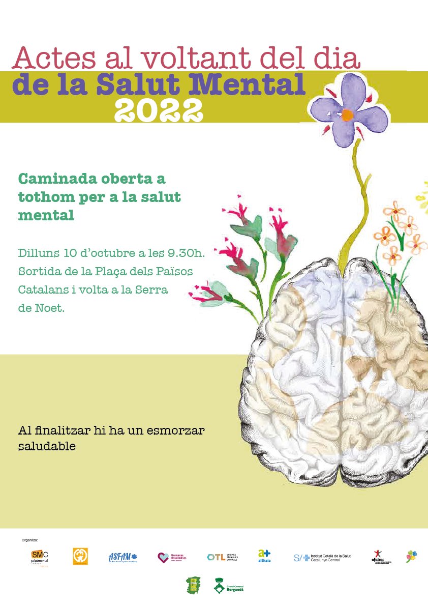 ccbergueda's tweet photo. 📢 Actes del Dia Mundial de la Salut Mental al #Berguedà

📅 10 d'octubre

👉 Caminada per la salut mental
📍 Plaça dels Països Catalans, Berga
🕒 9.30h

👉 Xerrada "L'art com a superació de les malalties físiques i mentals"
📍 Biblioteca Ramon Vinyes i Cluet, Berga
🕒 18.00h https://t.co/iomfpDfm6G