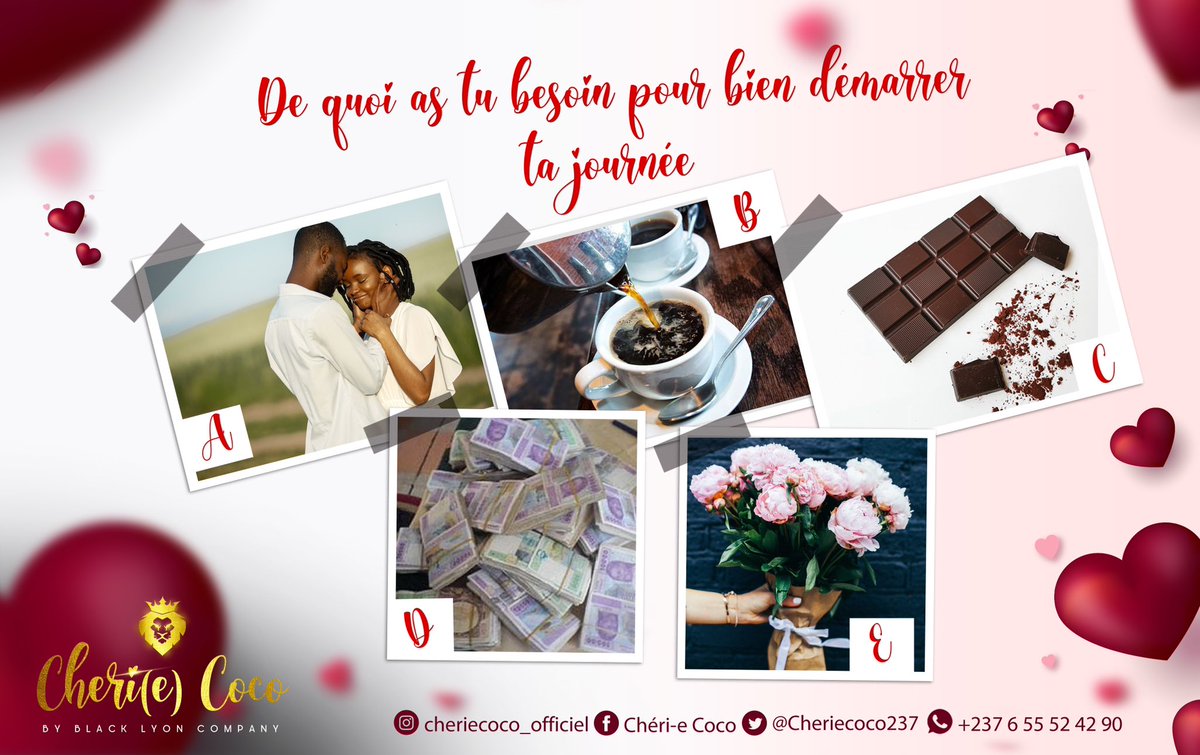 Cheriecoco237's tweet photo. Driiiing⏰ C’est le début de la journée #cheriecoco 😌
Que te faut-il pour bien la démarrer?
Réponds en commentaire, et peut-être tu l’auras d’ici une heure 😉

Pour consulter et commander nos packs cadeaux personnalisés 👇🏼
https://t.co/RZL0FPSLdY
📞+237 6 55 52 42 90 https://t.co/UT91gpqboH