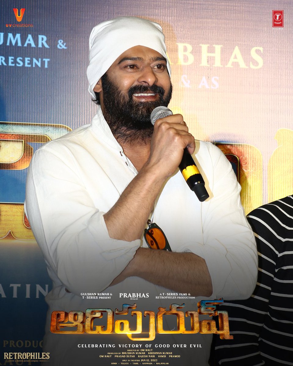 UV_Creations's tweet photo. Watch #Prabhas Speech at #Adipurush 3D Teaser Event (With English, Hindi, Telugu, Tamil, Malayalam and Kannada Subtitles).

https://t.co/7N3g9NsoFd

Watch #AdipurushTeaserin3D Screening from today all over TS &amp; AP ! 

Show timings in between Matinee &amp; First show 5PM - 7PM https://t.co/VkFFnkAb5O