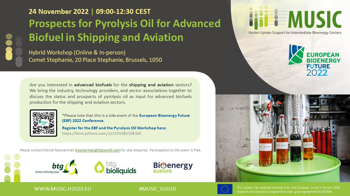 👏🏼In the framework of the #MUSIC_H2020 project, a #pyrolysis seminar will be held in the morning of the 24th of November 2022.

👉Register for the event here: form.jotform.com/222191081108345