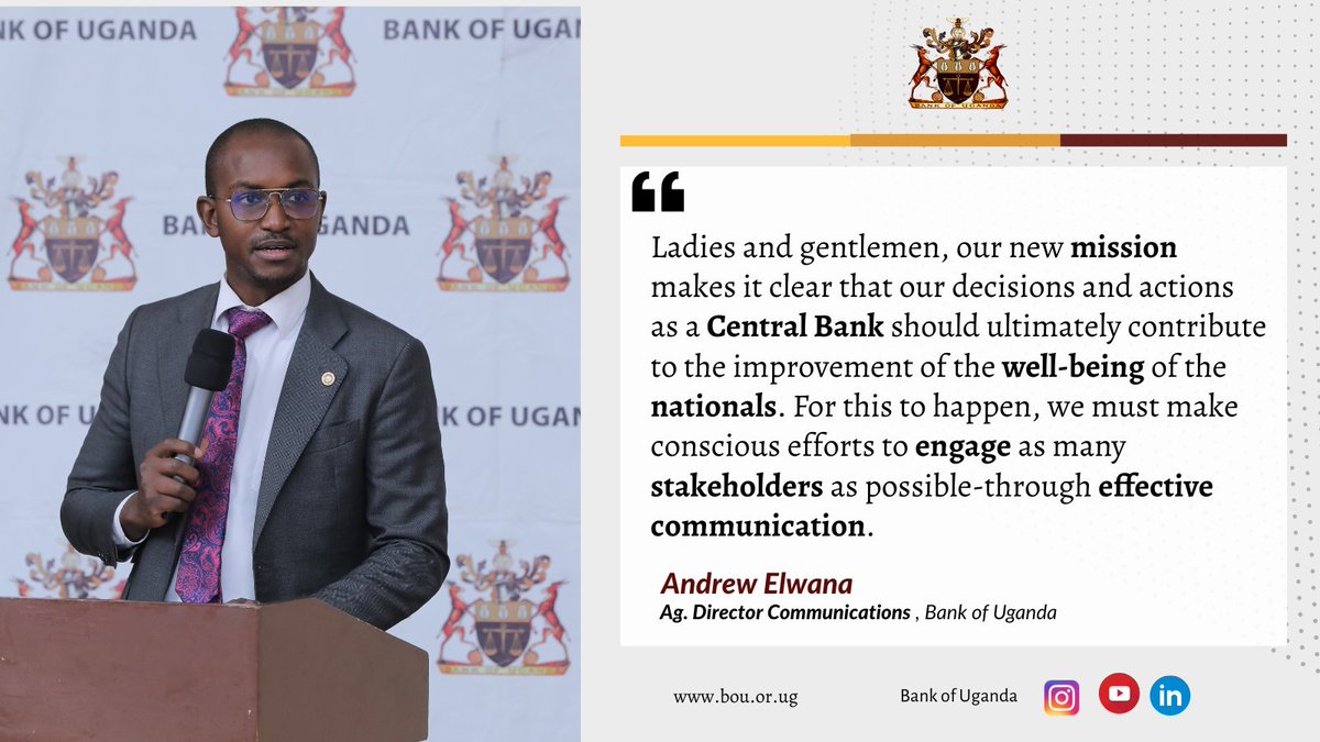 BOU_Official's tweet photo. Mr. Andrew Elwana: The Bank of Uganda Mission was modified to read as; To Promote Price Stability and a Sound Financial System in Support of Socio – Economic Transformation in Uganda. #BoUMPF https://t.co/6WlkQXY9Pg
