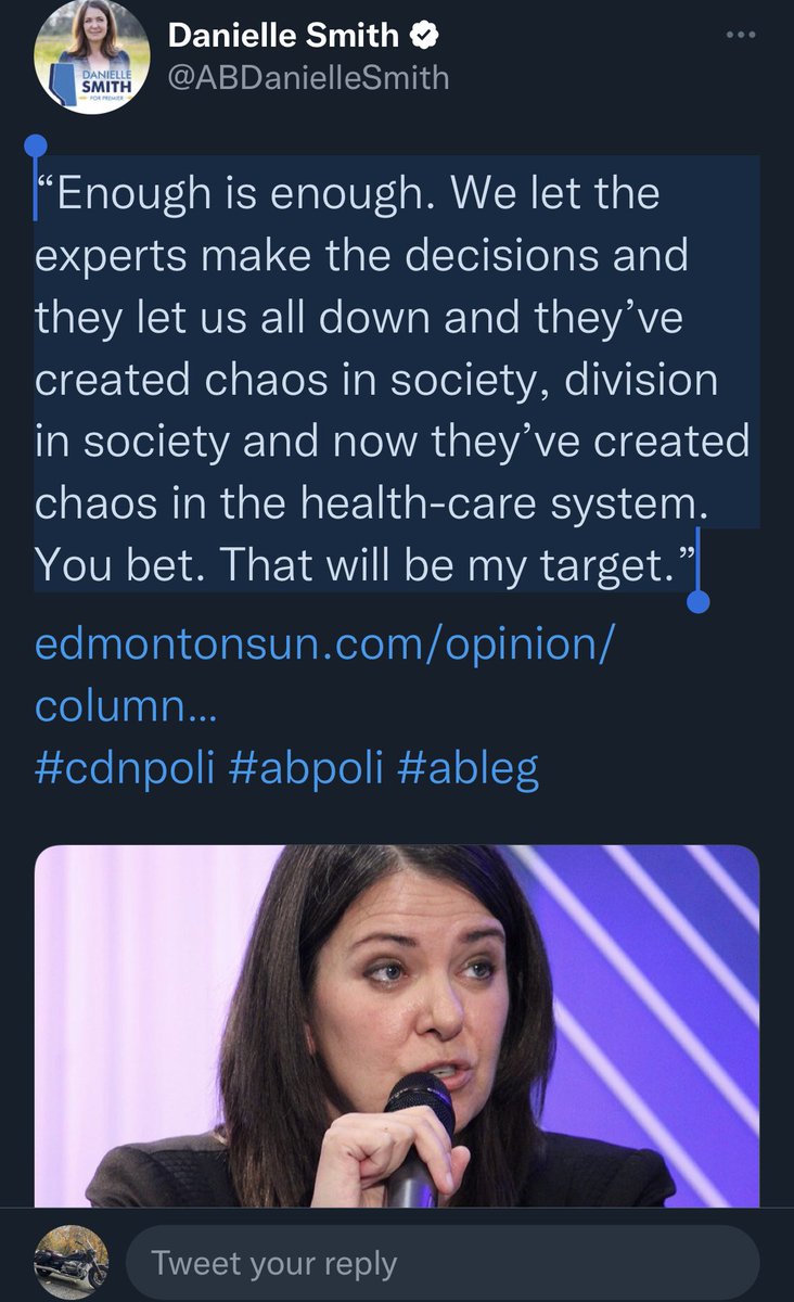 R18Jcs's tweet photo. @GlobalCalgary In her broadcast, Smith said, “But, when you think about everything that built up before you got to stage four and that diagnosis, that’s completely within your control and there’s something you can do about that that is different.”

Smith is an anti-science idiot. #NeverVoteUPC https://t.co/B5zboxeMg0