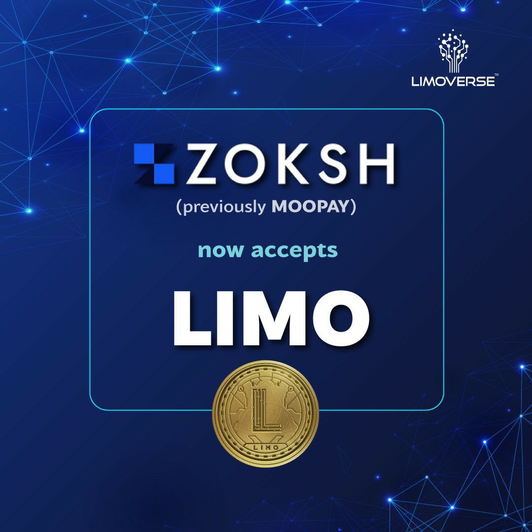 limoverseglobal's tweet image. ZOKSH (previously MOOPAY) crypto/fiat payment gateway accepts #LIMO TOKENS for payments. Now merchants who are using ZOKSH payment gateway can choose to receive LIMO tokens against products and services. #Limoverse #dollar #crypto #BSC #web3 #Blockchain