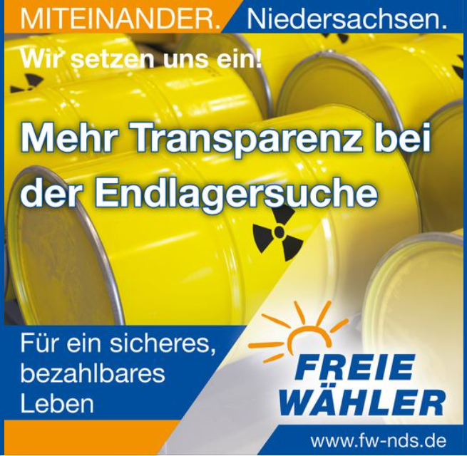 FREIEWAEHLERNDS's tweet photo. FREIE WÄHLER fordern eine klare Übersicht über den Stand der Endlagersuche!
#Miteinander #Niedersachsen #sicherundbezahlbarLeben #400tausend #2together #LtwNds22 https://t.co/ariVrG7yzo