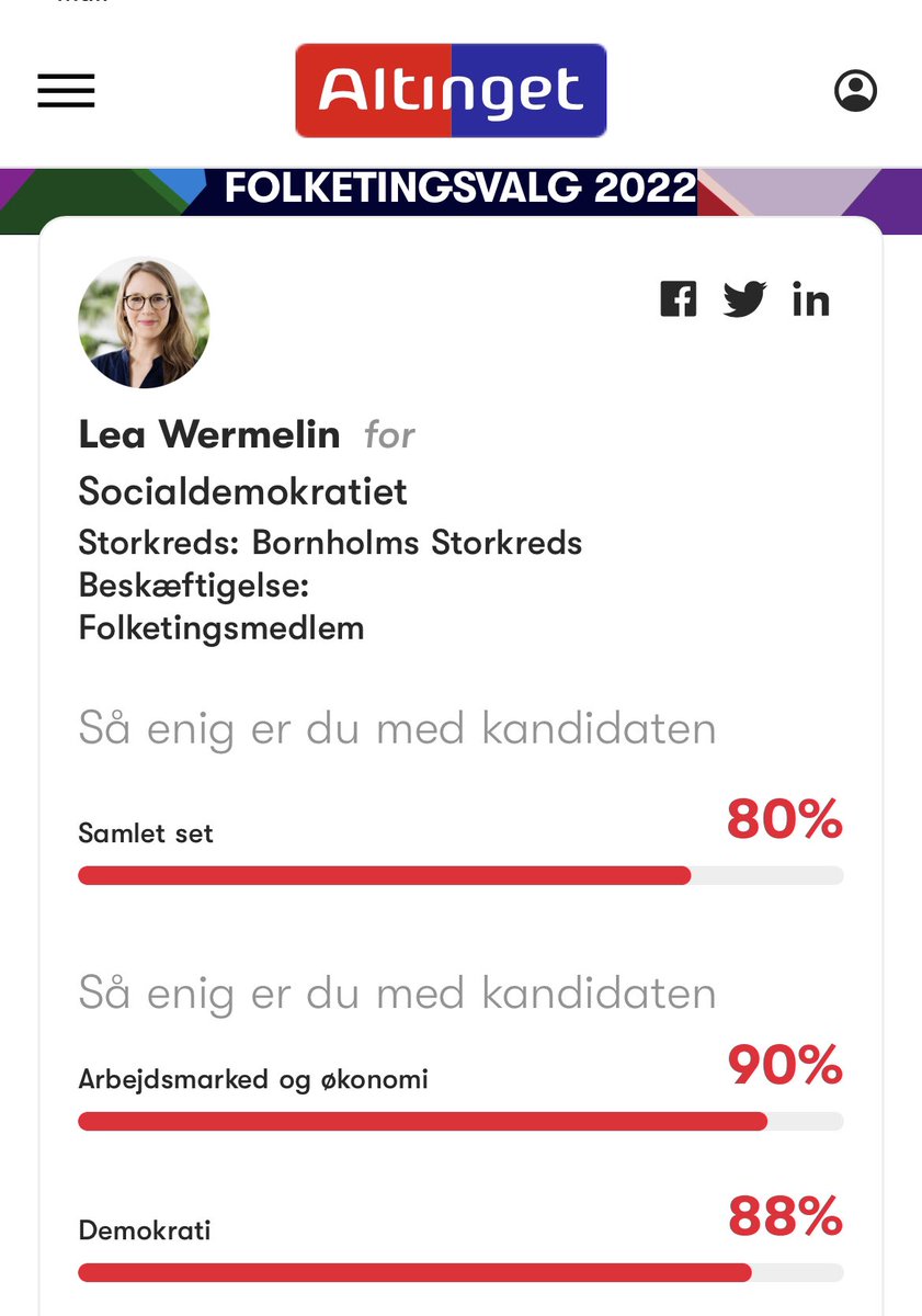 Så er #fv2022 igang og har lige taget <a href="/Altingetdk/">Altinget</a> kandidattest 
<a href="/LeaWermelin/">Lea Wermelin</a>
#dkpol