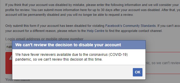 nakkee6an's tweet photo. #meta #instagram #Facebook @instagram @Meta my fb &amp; insta acc is disabled i trying to contact help  center this msg shows "We have fewer reviewers available due to the coronavirus (COVID-19) pandemic, so we can't review this decision at this time" how i recover my account? https://t.co/RIWsishPq9
