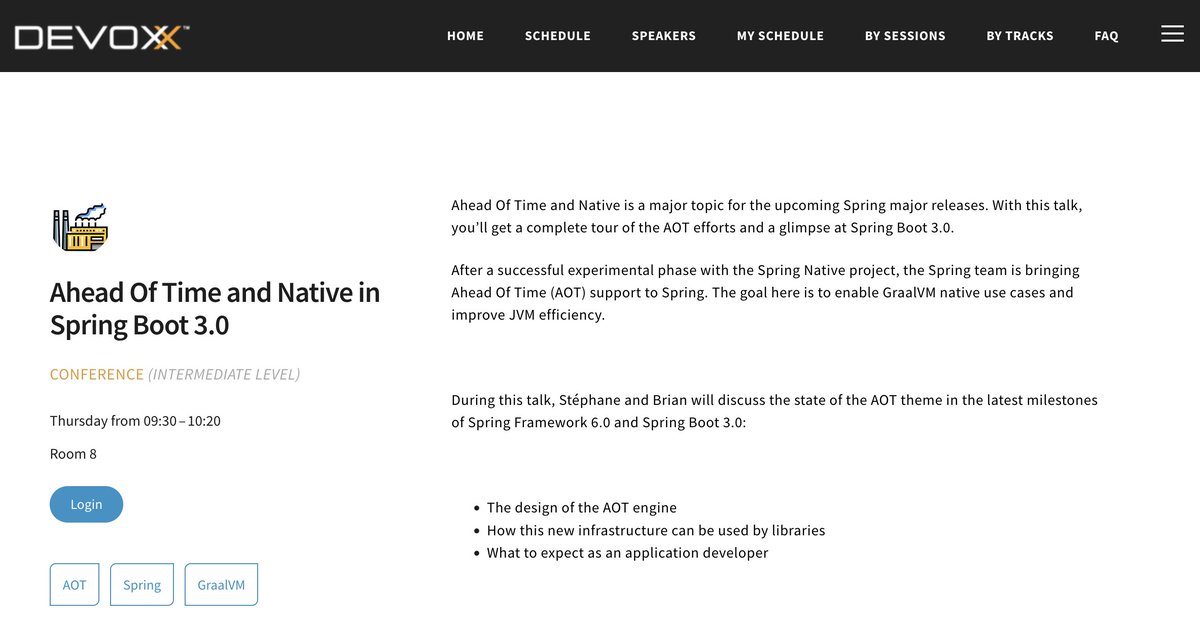 If you're attending @devoxx next week, two talks with <a href="/bclozel/">Brian Clozel @bclozel@mamot.fr</a> for your consideration:

Introducing Spring Framework 6.0 - Wed 12PM Room 8

Ahead Of Time and Native in Spring Boot 3.0 - Thu 9:30AM Room 8

Looking forward to meeting the community!