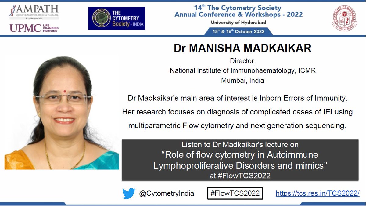 CytometryIndia's tweet photo. Inborn errors of immunity are commoner than we think, and #flowcytomety is an excellent screening technique. Listen to Dr Madkaikar share her experience with #flowcytometry in Autoimmune lymphoproliferative disorders & their mimics @ #FlowTCS2022 @ #Hyderabad. https://t.co/8u62Vy1gVx