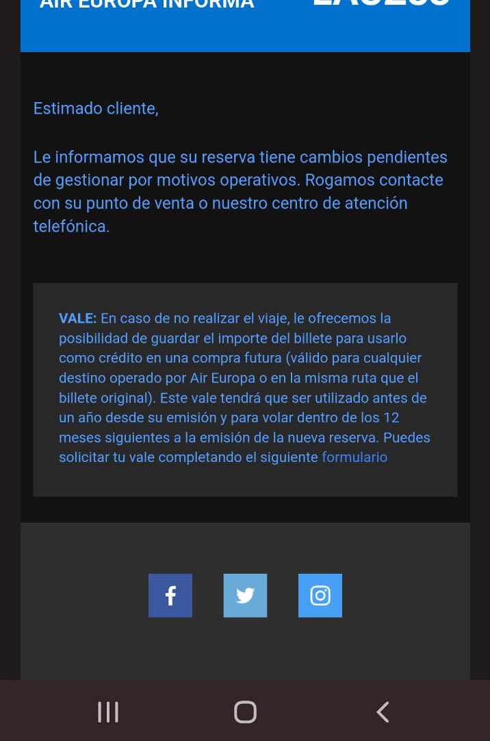 Cole_Dj's tweet photo. @AirEuropa hola. Mi novia tiene viaje de regreso en enero y acaba de darse cuenta que recibió esta mail. Qué pasó? https://t.co/SjvLBSWLvJ
