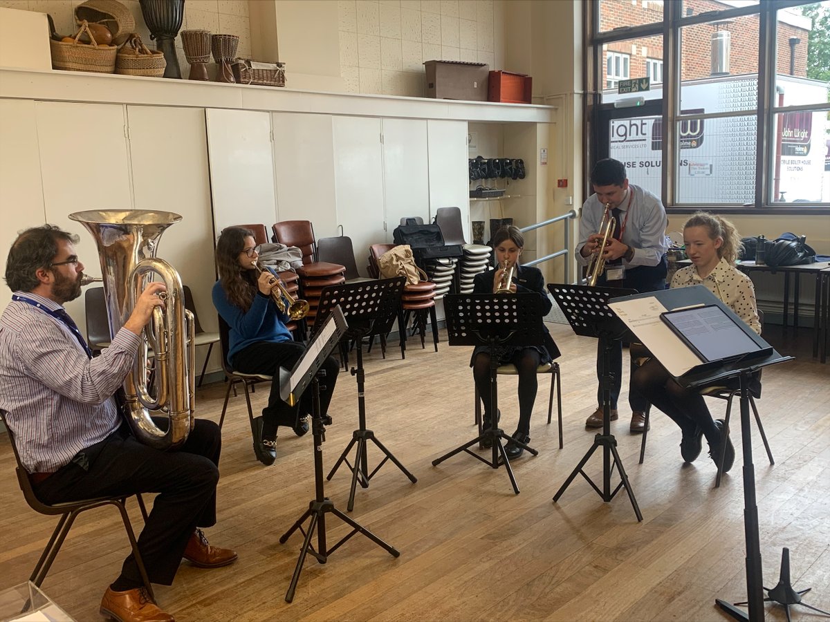 MountSchoolYork's tweet photo. The Music Department is thrilled to welcome new brass teacher, Mr McLean to The Mount School.
He accompanied the hymn in this week's Junior School assembly on his trumpet and is pictured here leading Brass Ensemble as they sightread some beautiful Dvorak during rehearsals. https://t.co/3CiXxpMkNv