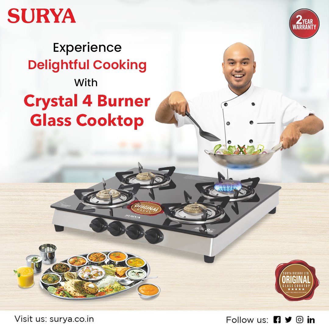 surya_roshni's tweet photo. Surya 4 Burner Glass Cooktop comes with 8mm toughened glass and a high-efficiency brass burner. Whenever you purchase Surya Glass Cooktop always look for Original Surya Logo. 

Visit us at- https://t.co/YKFRQBpXmO

#Surya #SuryaAppliances #Cooktop #GlassCooktop #KitchenAppliances https://t.co/2OyaZyCiOw