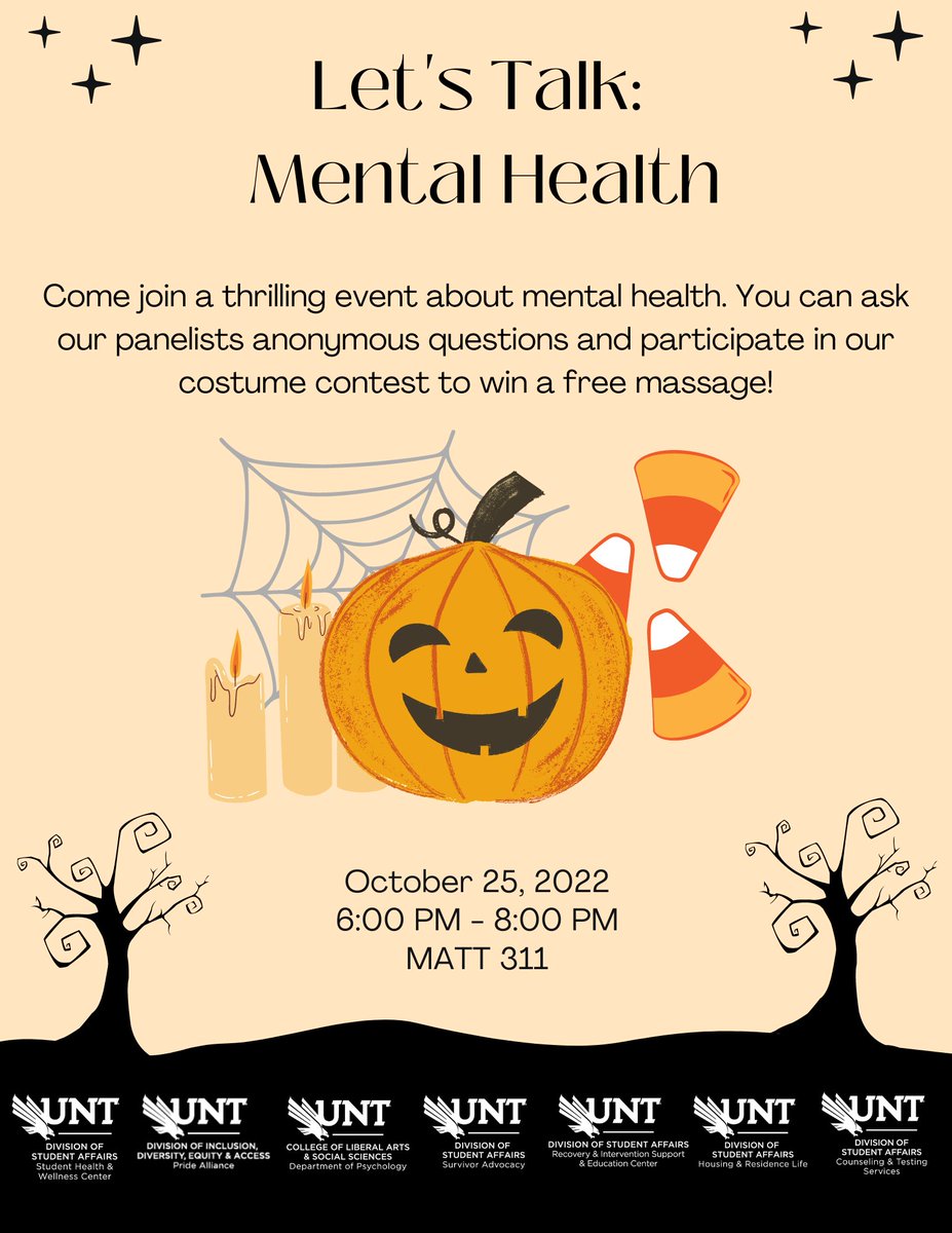 Join us, <a href="/untSHWC/">UNT Student Health</a>, &amp; <a href="/UNTsurvivoradv/">UNT Survivor Advocate</a> on October 25th from 6-8PM in MATT 311 for Let's Talk: Mental Health.