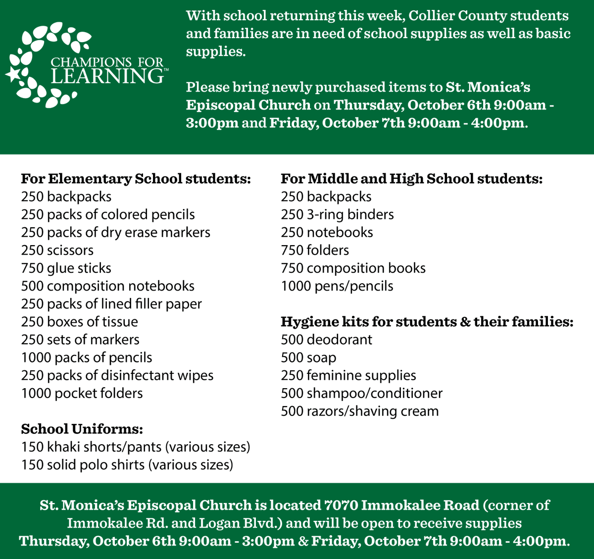 Champs4Learning's tweet photo. As we recover from Hurricane Ian, school supplies are needed for Collier County students. You can drop off supplies today until 4:00pm at St. Monica's Episcopal Church!
#JoinIn #CollierStrong #ChampionsForLearning
@collierschools https://t.co/7xN9tXfISa