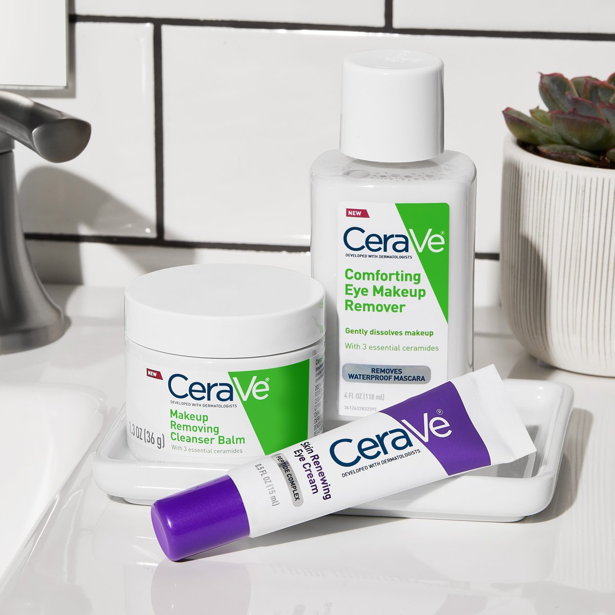 Remove longwear makeup, dirt & oil - even waterproof mascara with: 💙 Makeup Removing Cleanser Balm 💙 Comforting Eye Makeup Remover Reduce the look of fine lines, wrinkles, puffiness, and dark circles with: 💙 Skin Renewing Eye Cream #CeraVe #DevelopedWithDerms