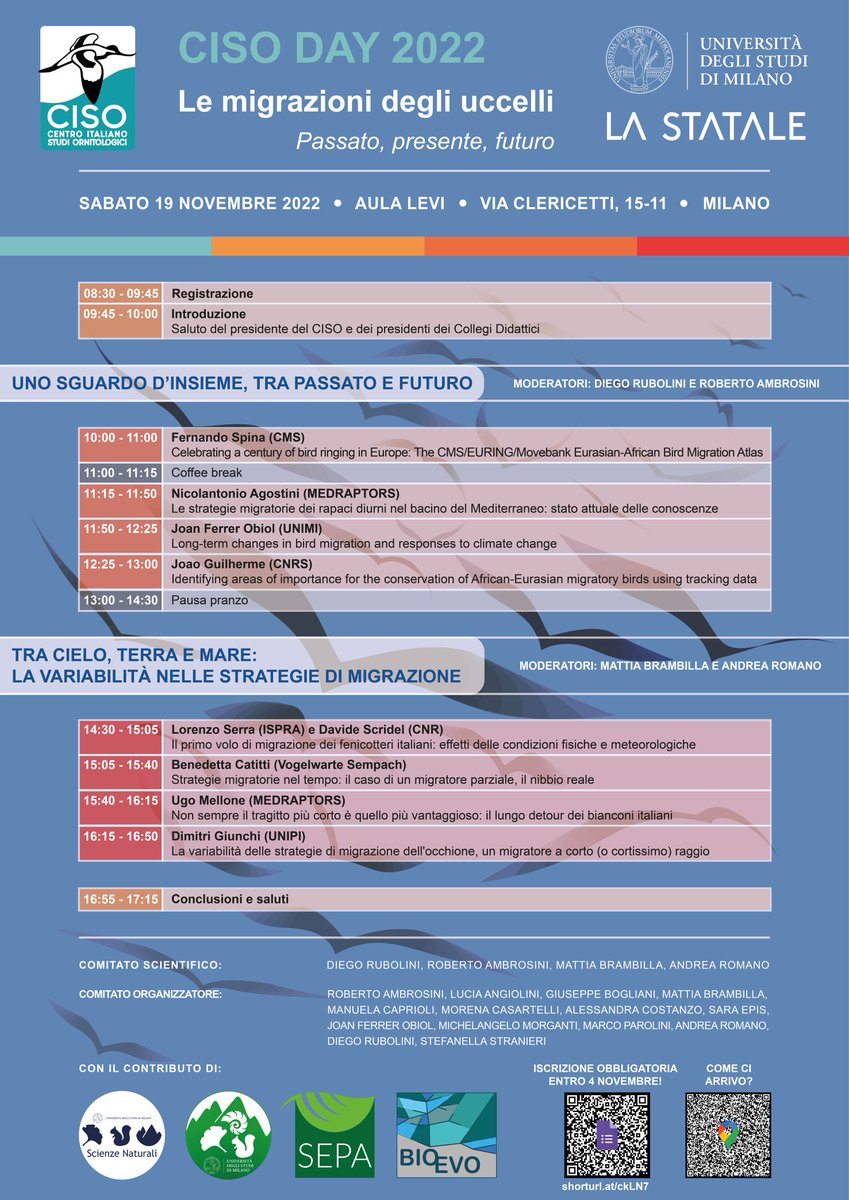 <a href="/CISO_COI/">CISO</a> day <a href="/LaStatale/">Università degli Studi di Milano</a> #Milano Città Studi un'interessantissima giornata di conferenza dedicata alla #migrazione degli #uccelli finalmente di persona. Vi aspettiamo!!@AvocettaJournal