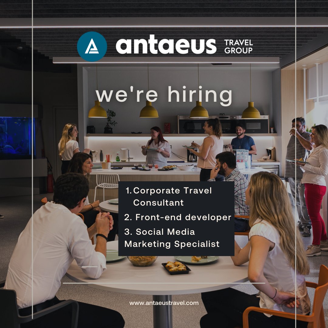 📣Antaeus Travel is looking for:
1. Corporate Travel Consultant
2. Front-end developer
3. Social Media Marketing Specialist
📍 Athens, Glyfada, Greece 
Info &amp; CVs: antaeustravel.com/career/
#hiring #job #athens #cv #corporatetravelconsultant #developer #sociamediamarketing