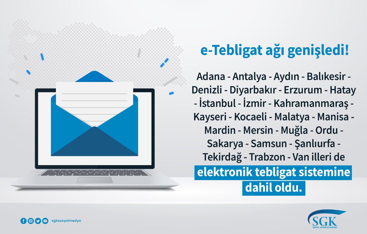 e-Tebligat ağına 25 ilimiz daha dahil oldu.

🔗 sgk.gov.tr/Duyuru/Detay/S…