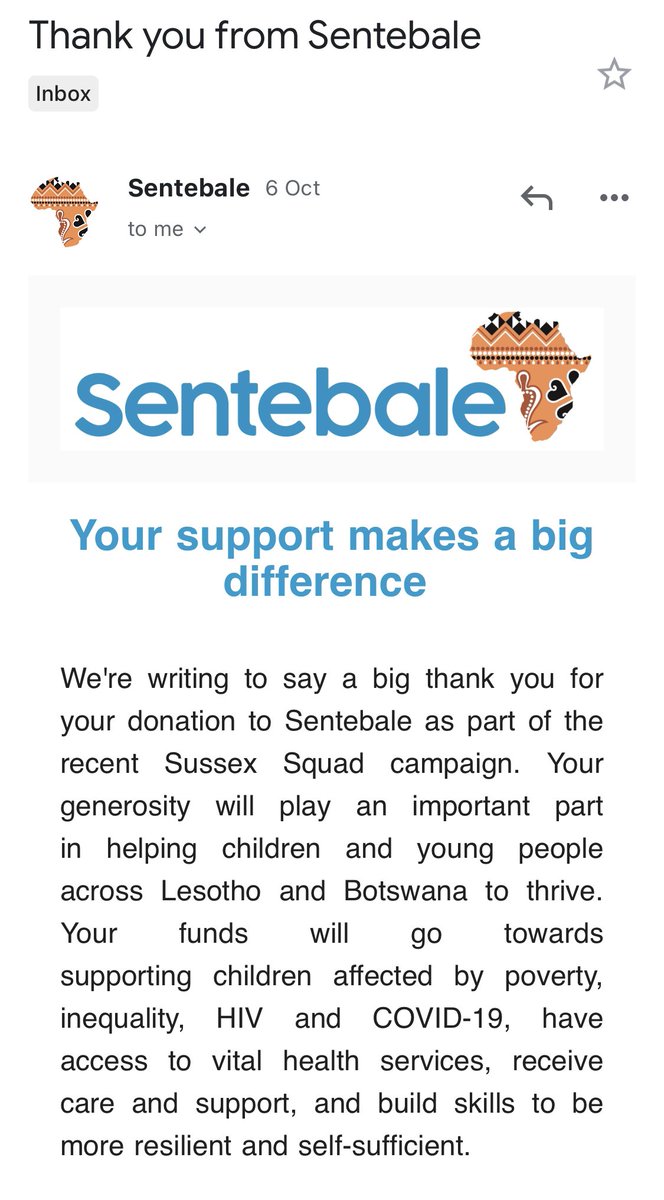 Seraa's tweet photo. Cute thank you from @sentebale for the #SussexSquad fundraiser for #HarryAndMeghanโs birthdays.
*
โค๏ธ this global community of people inspired by The Duke & Duchess of Sussex to show that #ServiceIsUniversal & we can all demonstrate #CompassionInAction #BlessingsForSentebale https://t.co/DIkk3BfUoA