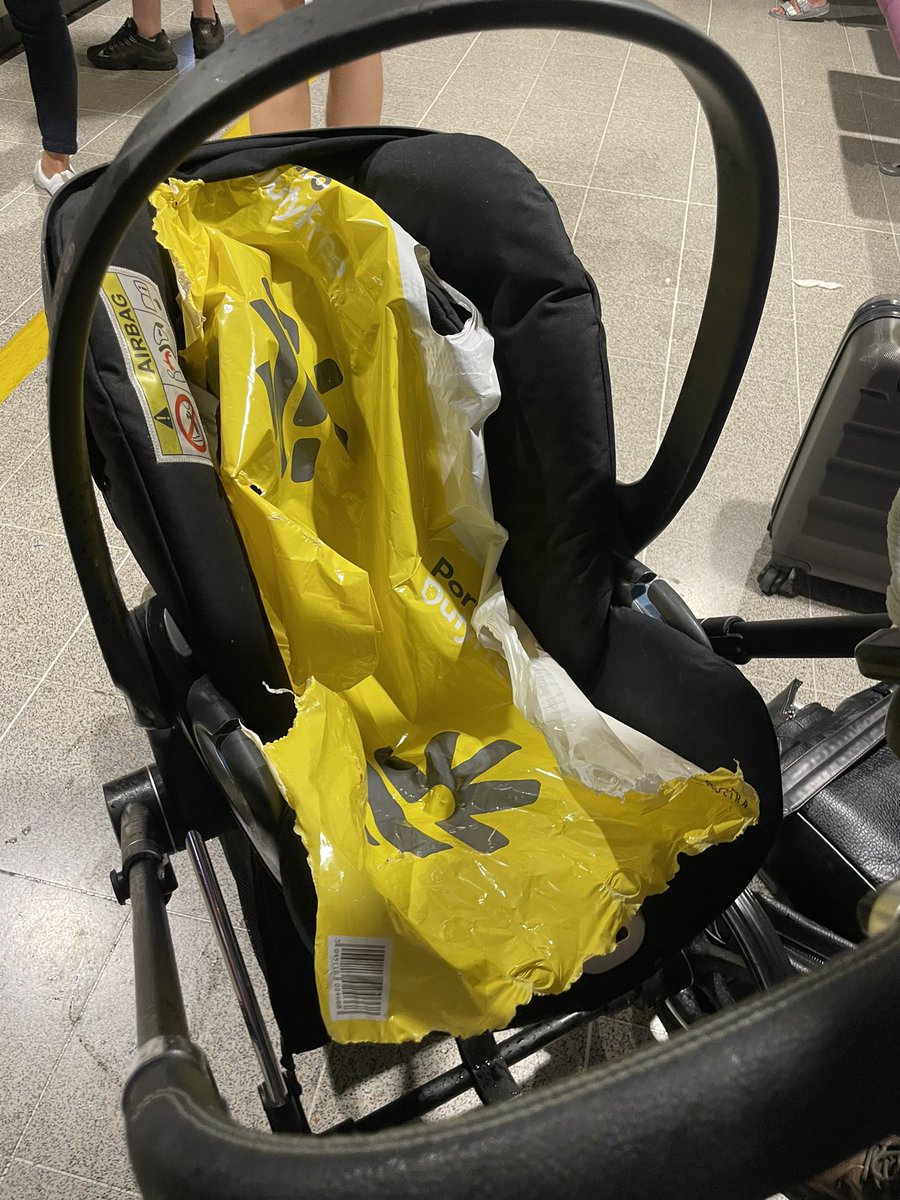 xrebeccaeade's tweet photo. Hey @Ryanair. This is my pram and car seat filled with a ripped duty free bag to line it because it was left out in the rain for more than an hour. I now have to put my 7 month in it for a 4 hour trek home. It’s absolutely drenched @manairport awful https://t.co/IEALF23pBX