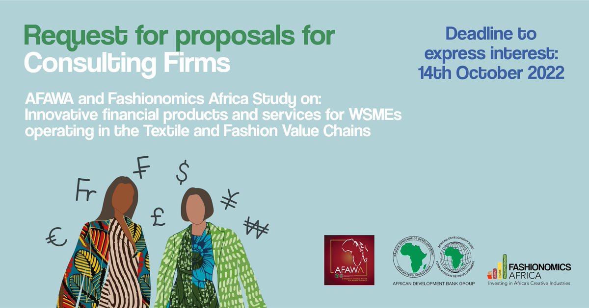 The <a href="/AfDB_Group/">African Development Bank Group</a>'s #AFAWA and #FashionomicsAfrica are looking for firms for a study on innovative financial products and services for #women #SMEs in #textile and #fashion value chains.
Apply here by 14 October ➡️ bit.ly/3CFvkxs