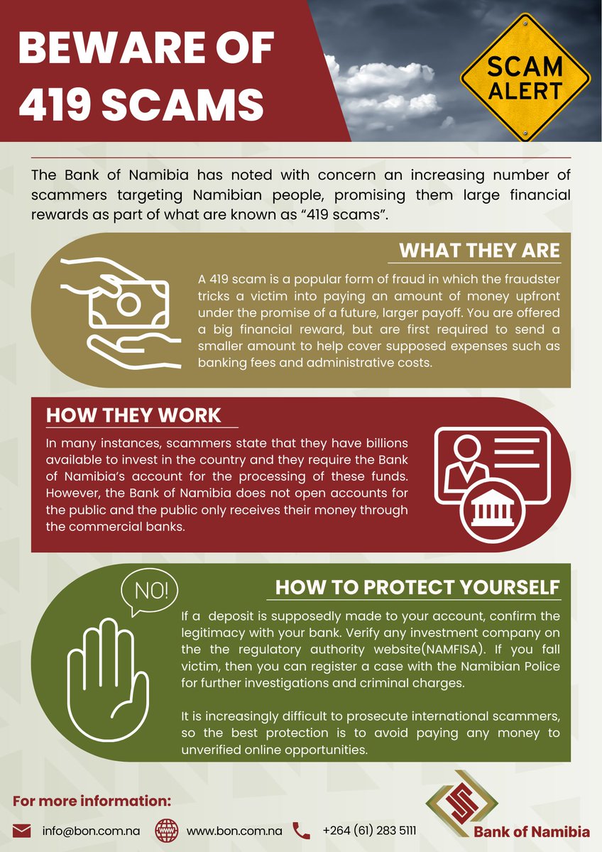 FinanceNamibia's tweet photo. Beware of 419 scams https://t.co/lkI5JQ4Bfw