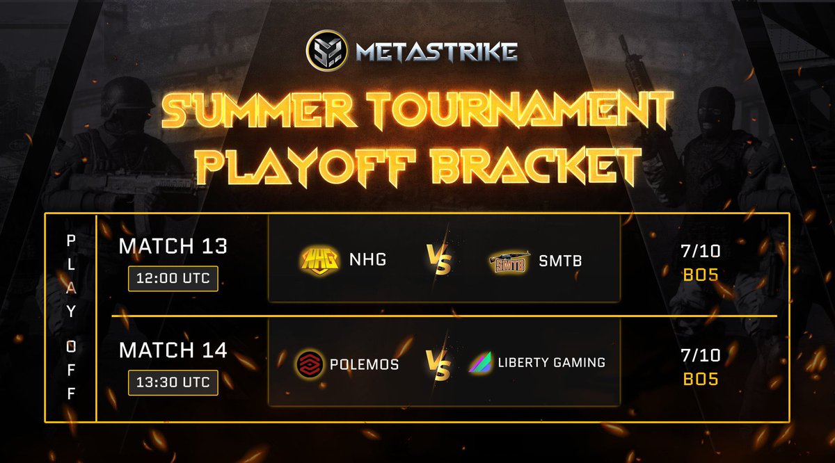 TMetastrike's tweet photo. Gm Metastrikers 🔥, don’t forget our Play-off matches are happening today.

@NHGgame &amp; SMTB
#livestream: https://t.co/3WjuoUNMj6

@Polemos_io &amp; @LibertyGaming 
#livestream: https://t.co/rX0osaJFew 

#Esports #F2P #P2EGaming https://t.co/O99d17LBQo