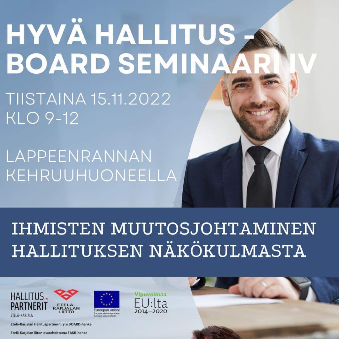 Yrityksen hallitustyöskentelyä kannattaa kehittää. Järjestämme marraskuussa maksuttoman seminaarin.
Miten työorganisaatiossa saa ihmiset toimimaan halutusti? Kilpailukyky vs kilpailuetu? 
etela-karjala.hallituspartnerit.fi/tapahtumat/ 
#ekhp #board2022 #kehittyvähallitus #hallitustyö #stategia