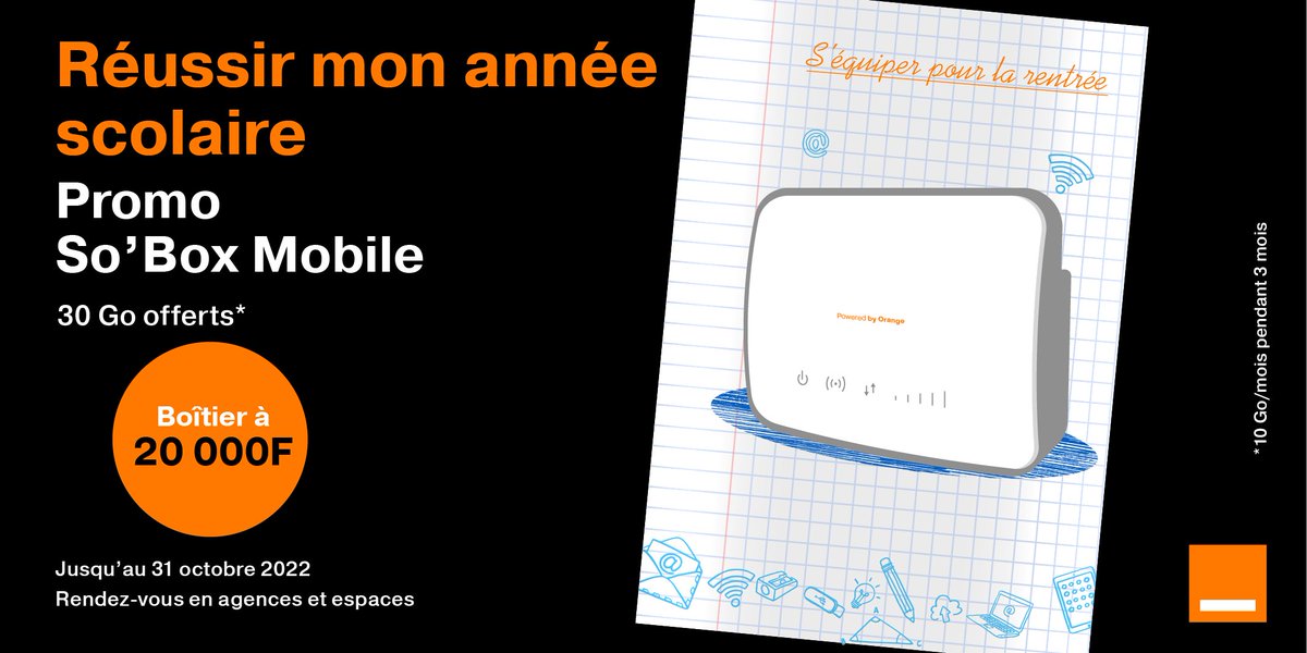 Avec la promo So’box mobile surfez à gogo sur Internet pour la rentrée scolaire 😀! Jusqu’au 31/10 Le boitier est à 20 000F seulement 10 Go de forfaits offerts chaque mois pendant 3 mois.