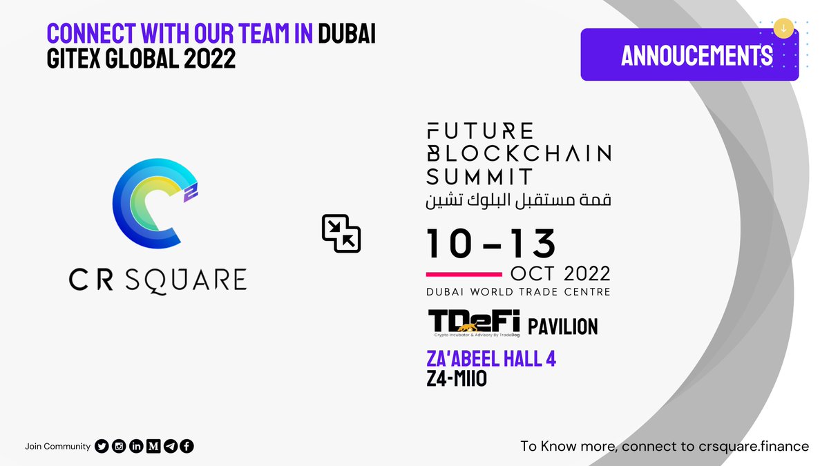 We are in Dubai for <a href="/GITEX_GLOBAL/">GITEX GLOBAL</a> at @Tde_Fi Pavilion.

Its going to a week of connections and networking. Super proud to be part of the @Tde_Fi Ecosystem.

Visit. #FutureBlockchainSummit2022 #tdefi #crsquare 

#CryptoExpoDubai2022 #Dubai #blockchain #startups #fintech