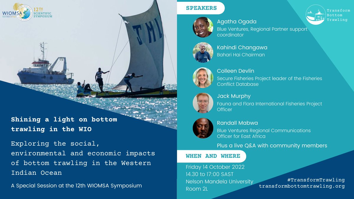We're attending the @WIOMSA symposium! On 14/10 at 14.30 (room 2L) we'll join @baharihai <a href="/SecureFisheries/">Secure Fisheries</a> and <a href="/FaunaFloraInt/">Fauna & Flora</a> for a special session exploring the impacts of bottom trawling in the #WIO + a Q&amp;A with coastal community members to understand their priorities for change