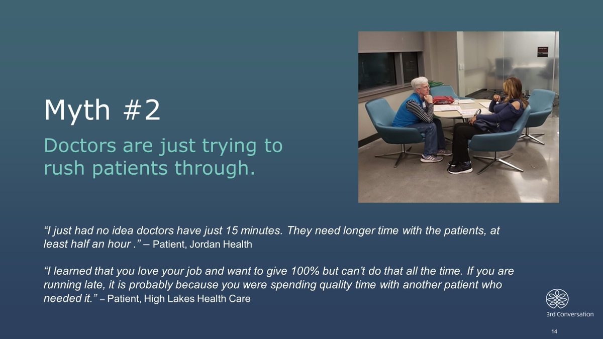 Myths about the patient experience (&amp; the reality) learned from our #3rdConversation experiences, as presented at the Patient Experience Symposium

Myth 2: Clinicians don't want to spend time with patients

3rdconversation.org
<a href="/patientexpsym/">Patient Experience Symposium</a>