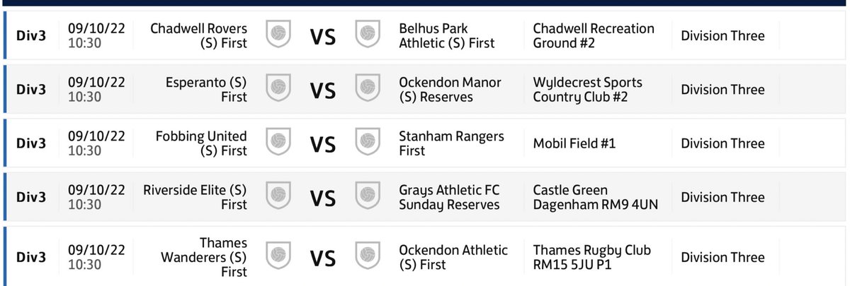 This weeks fixtures.